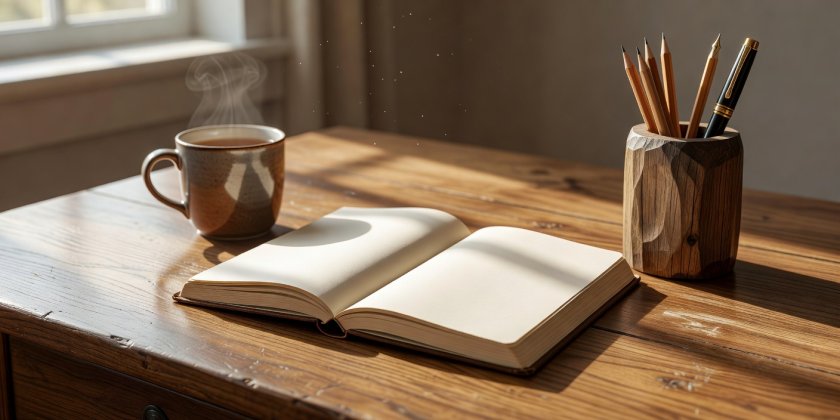 A notebook open on a warm oak surface with morning tea and a wooden pen holder