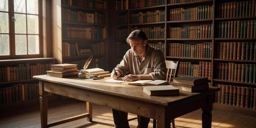 A person sitting at a long wooden desk writing with undivided focus in a quiet, sunlit study