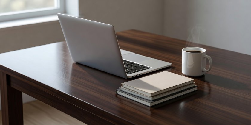 A minimalist laptop setup with neat paper notebooks and natural window light on a polished dark table