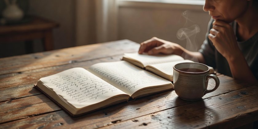 A person reviewing a personal notebook with a quiet morning cup of tea on a rustic wooden tabletop