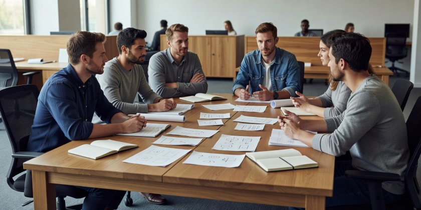 A collaborative team workspace with papers and quiet dialogue across an understated oak desk